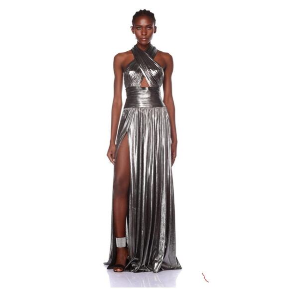 BRONX AND BANCO Metallic Dress Florence Halterneck Gown Cutout Gunmetal Gray 8 L - Picture 4 of 16